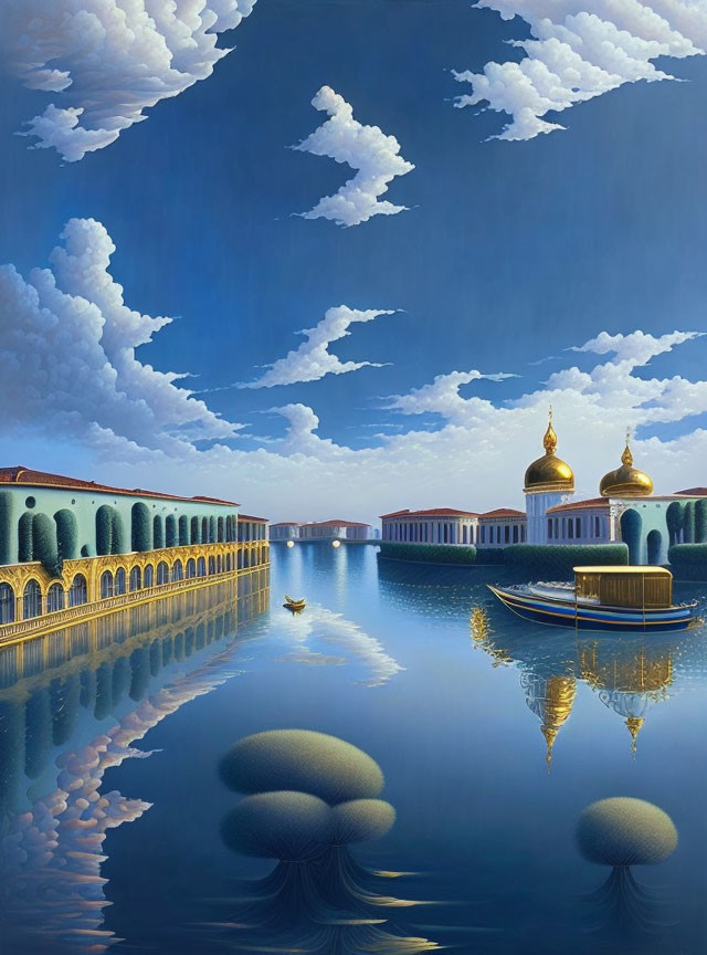 Golden-domed structures, rowboat, and jellyfish clouds in surreal water scene