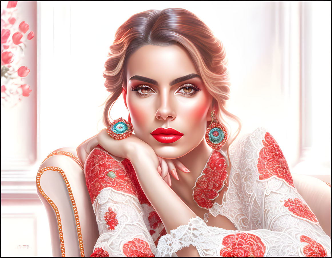 Digital artwork of woman with red lipstick and turquoise earrings, chin on hand, roses background