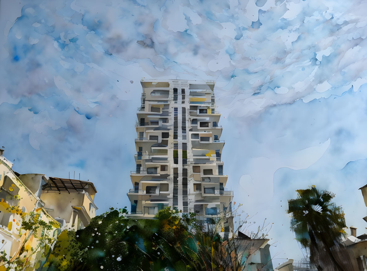 Urban skyscraper reflected in water with blue sky and clouds.