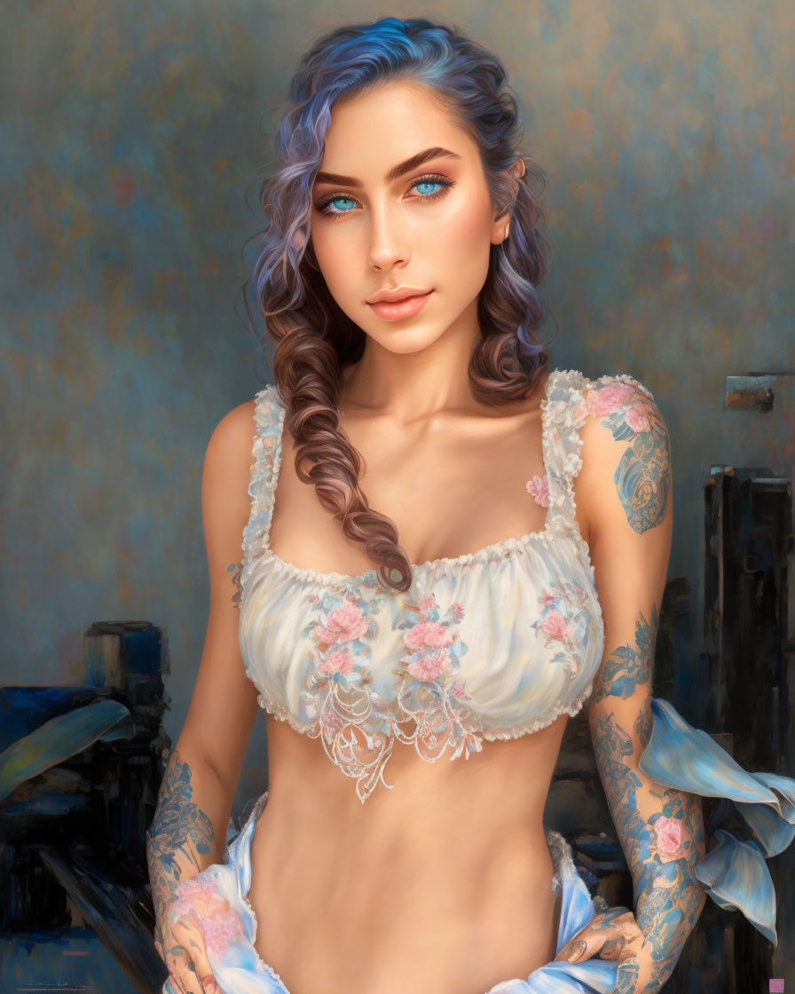 Portrait of a woman with blue eyes, wavy hair, floral tattoo, and embroidered sheer top