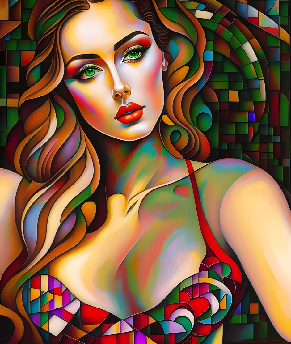 Colorful digital artwork: Woman with flowing hair and mosaic patterns