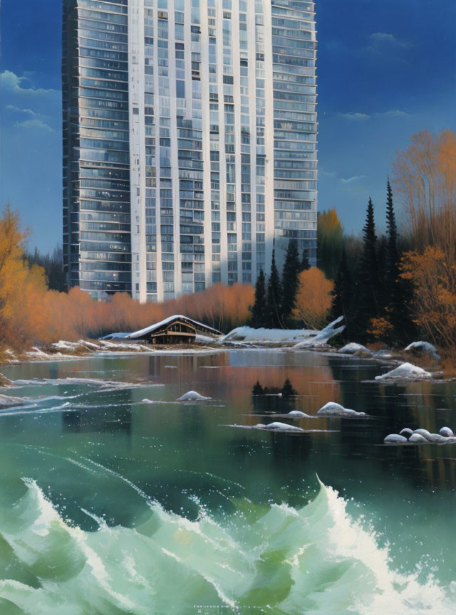 High-rise Building Overlooking Autumnal Landscape with River, Cabin, Trees, and Fiery Foli