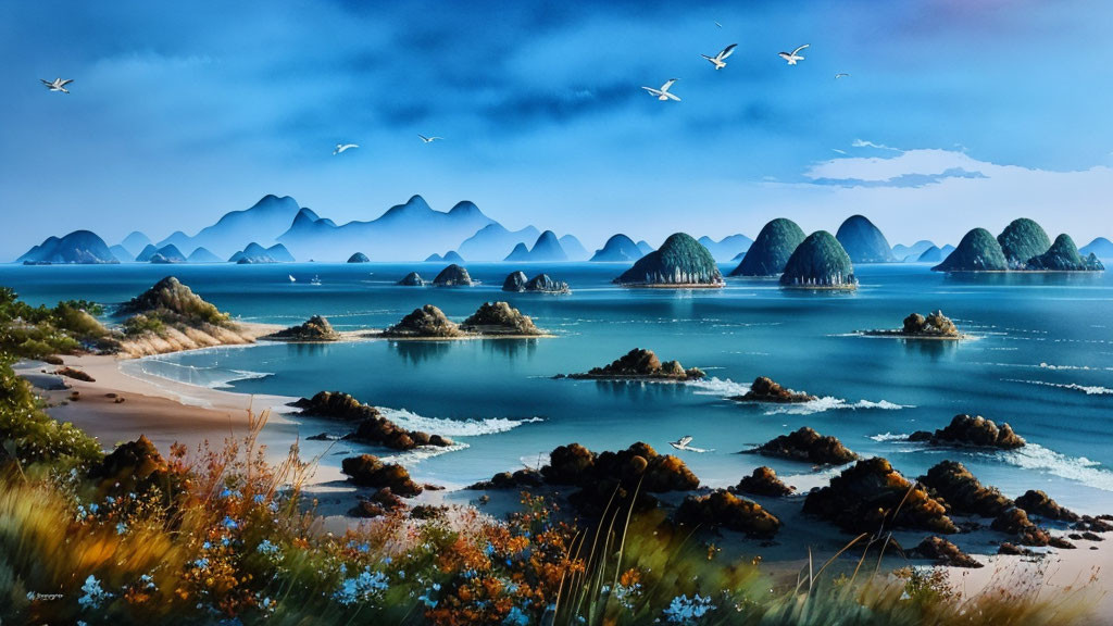 Tranquil Coastal Landscape with Blue Sky, Calm Sea, Islands, Sandy Beach, Flora