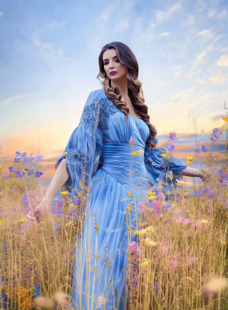 Woman in Blue Dress Surrounded by Wildflowers under Pastel Sky