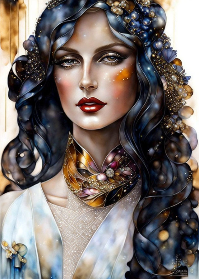 Fantasy illustration of woman with dark hair, blue beads, glowing dots, butterfly, striking makeup,