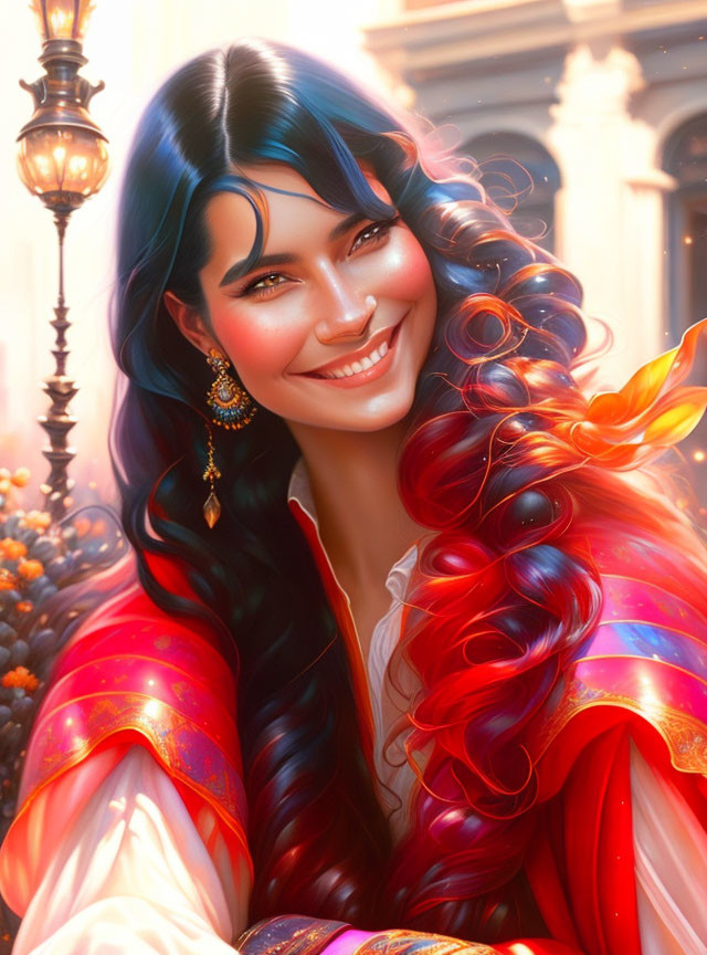 Colorful digital portrait of a smiling woman with ombre hair and traditional attire.