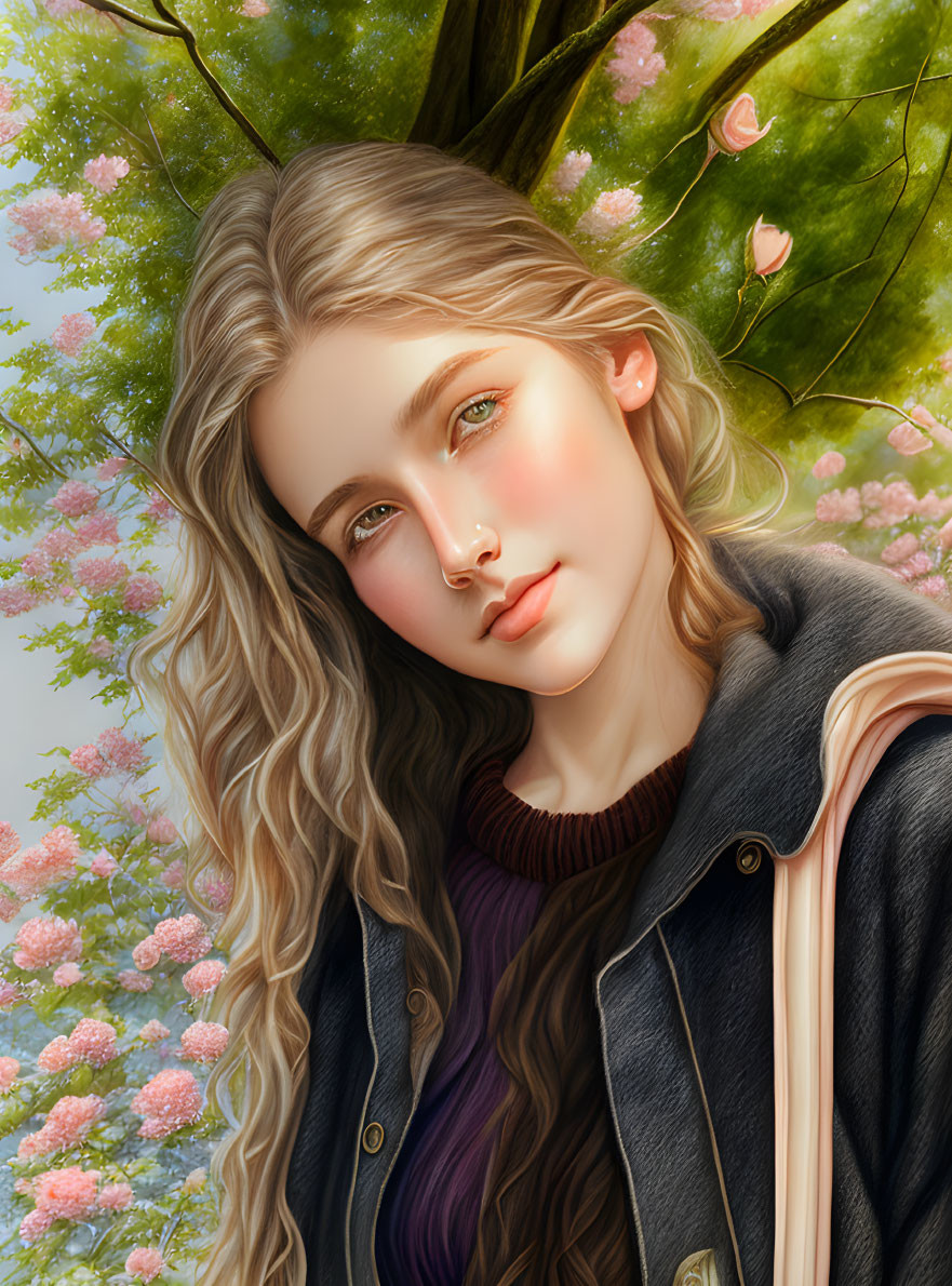 Young woman with wavy blonde hair under blossoming tree in jacket and sweater