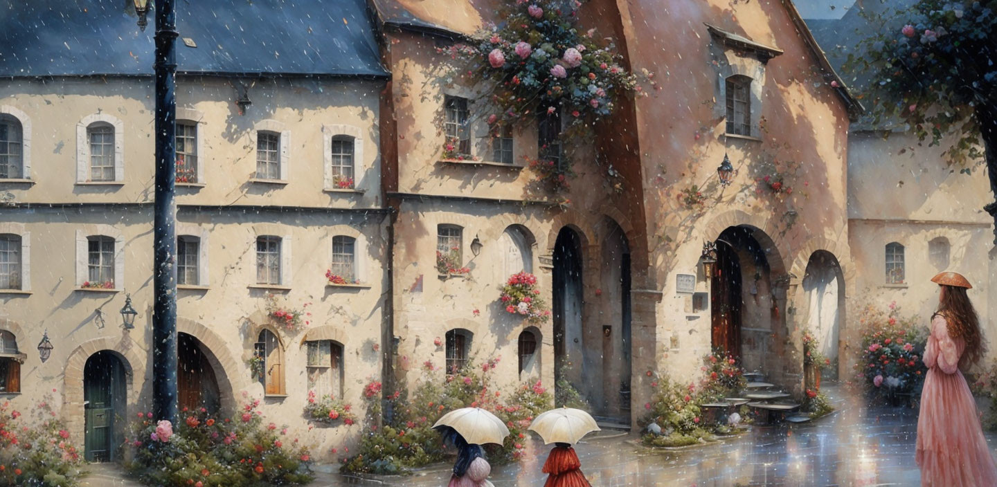 Rainy cobblestone street with umbrellas, flowers, and woman in pink dress