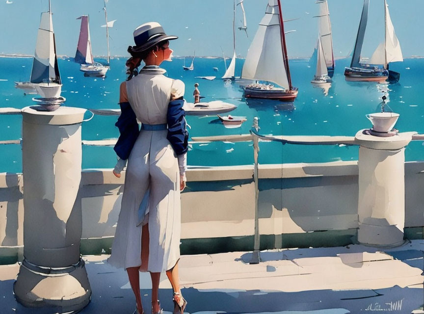 Woman in stylish hat admires sailboats on tranquil sea from balustrade