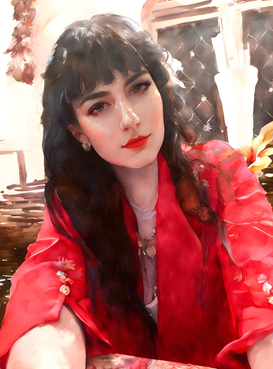 Portrait of Woman with Dark Hair and Red Outfit against Floral Background