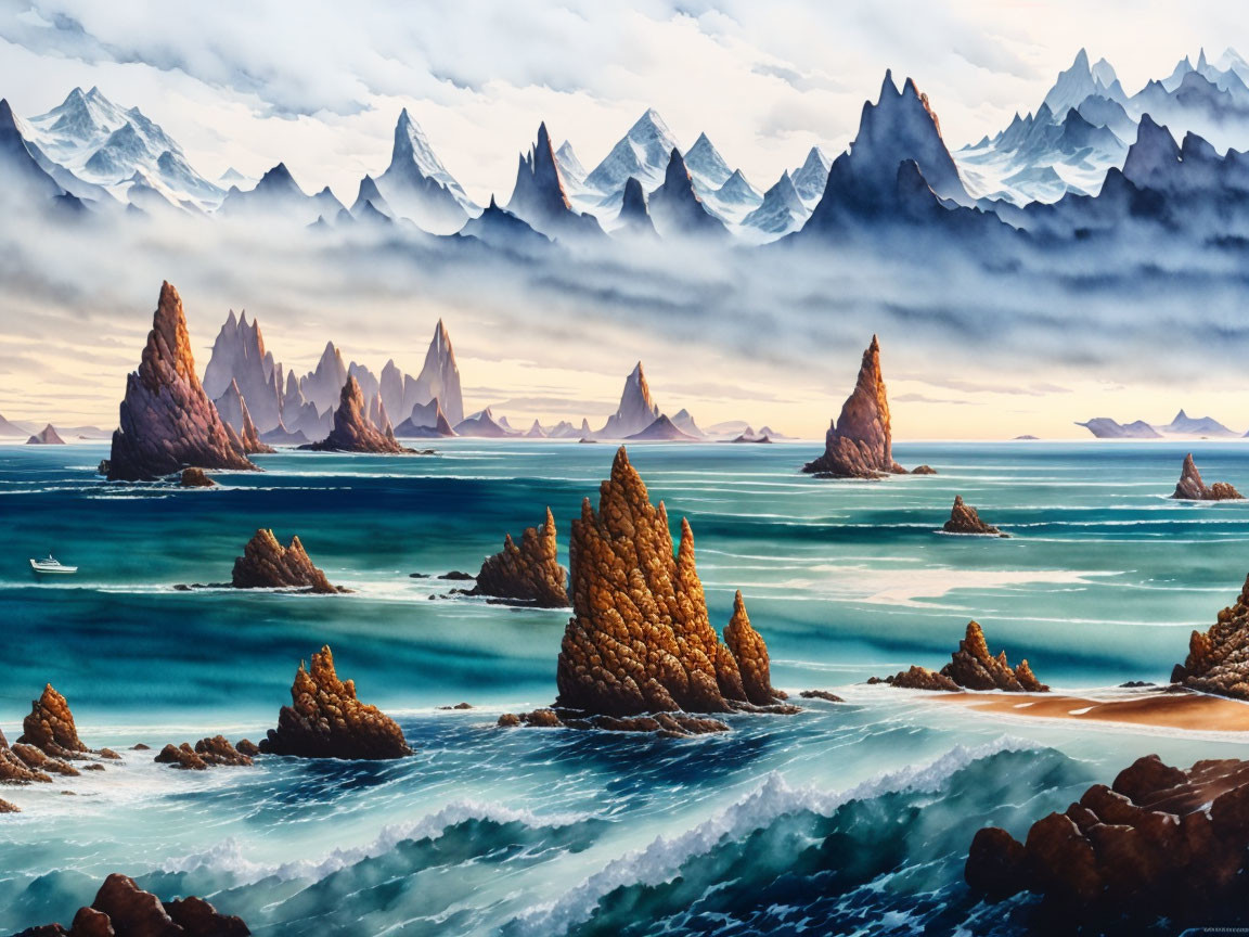 Coastal landscape painting: rocky spires, waves, snowy mountains