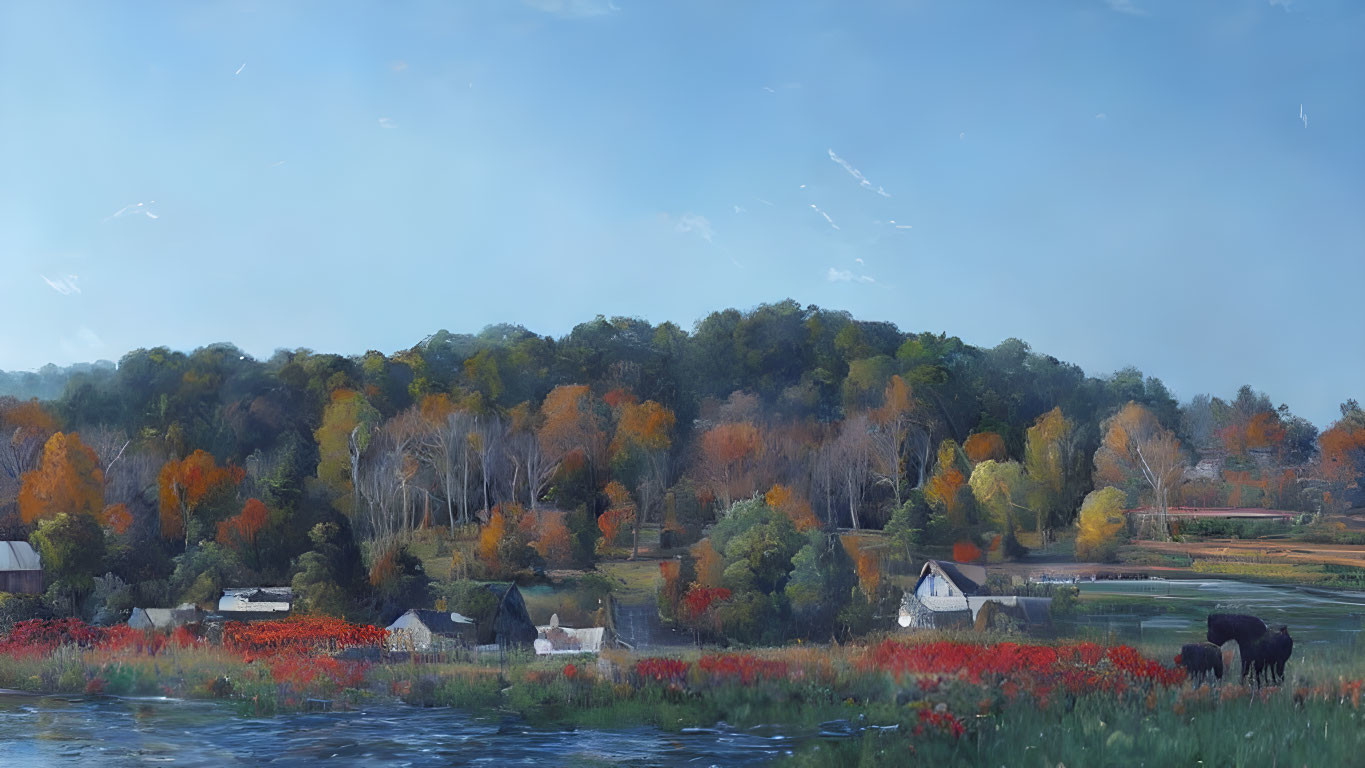 Tranquil river scene with bison, red foliage, and autumn buildings