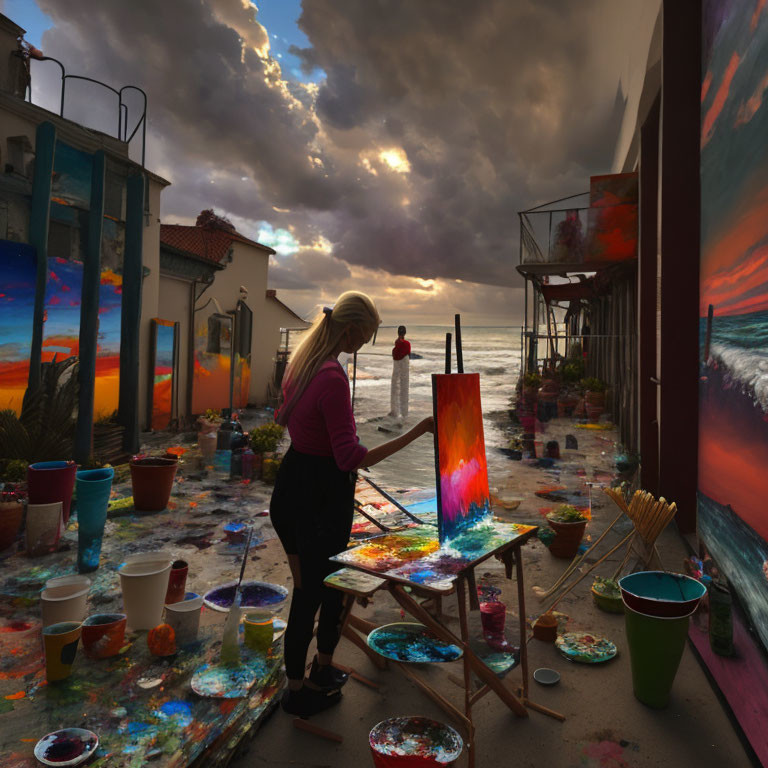 Woman painting on canvas by the sea at sunset with colorful paint buckets