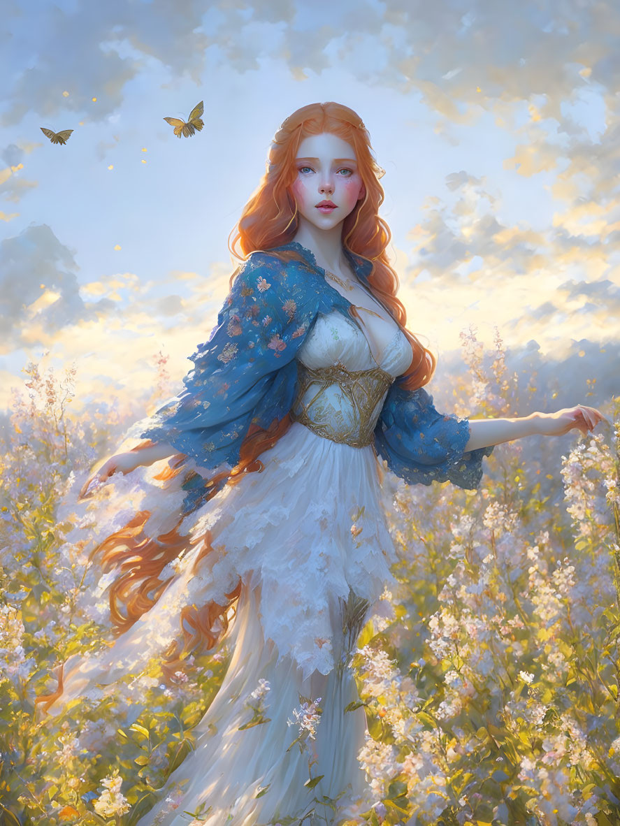 Digital artwork: Woman with red hair and blue shawl in flower field