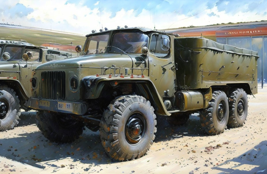 Green Military Six-Wheeled Truck with Canvas Cargo Area Parked on Sunny Day