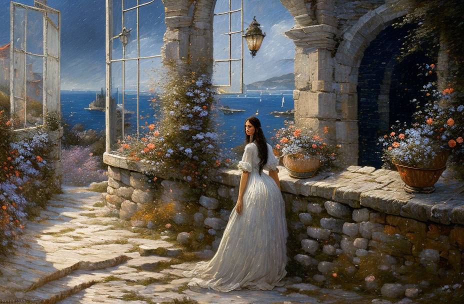 Woman in white dress on stone path by sea with blooming flowers, open window, and lantern.