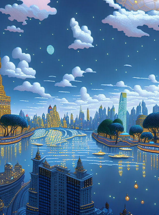 Nighttime cityscape with illuminated buildings, river, trees, starry sky, whimsical clouds,