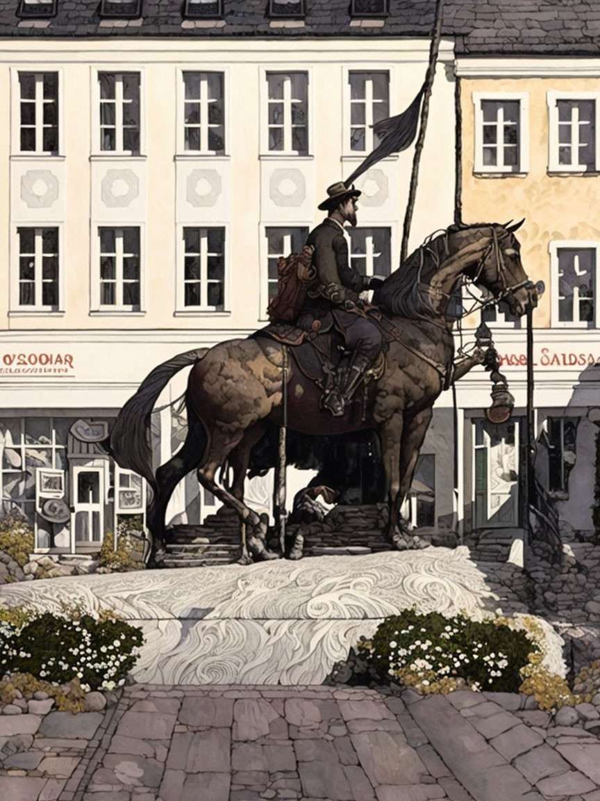 Mounted soldier statue with flag in cobbled plaza surrounded by European-style buildings