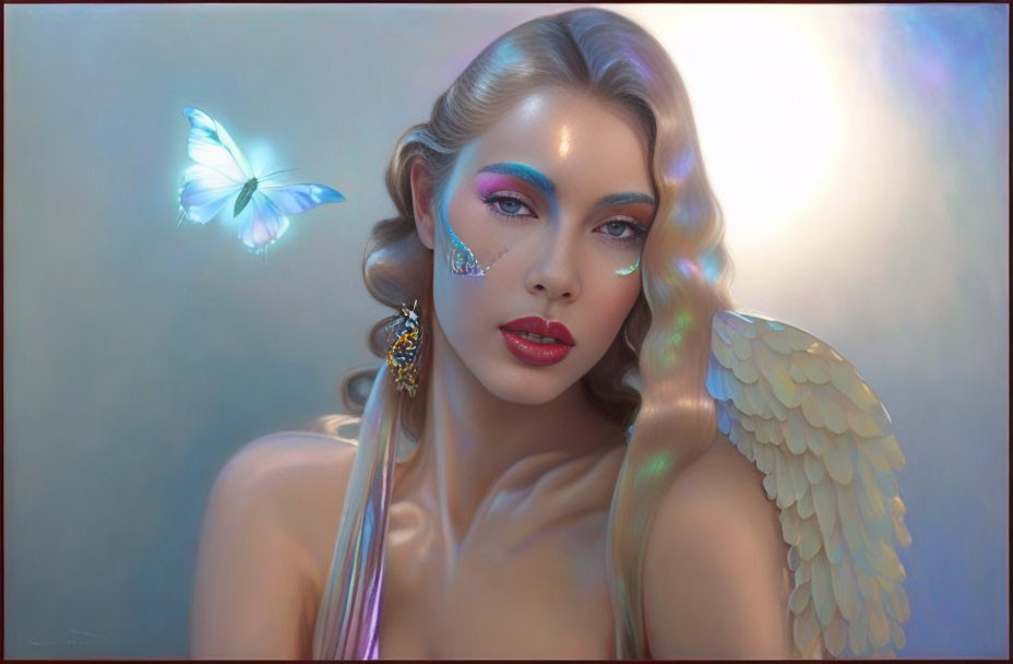 Woman with angel wings and golden earrings and blue butterfly artwork