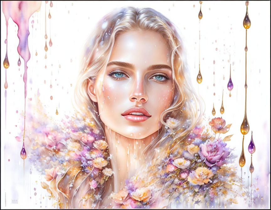 Fantasy portrait of a woman with blue eyes, surrounded by flowers and golden elements