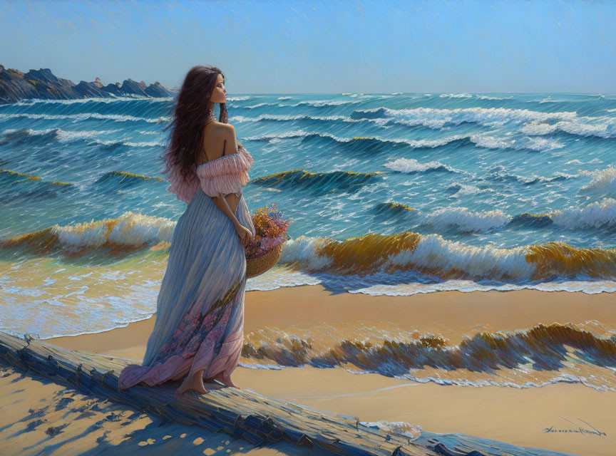 Woman in flowing dress on beach log with flower basket, gazing at sea