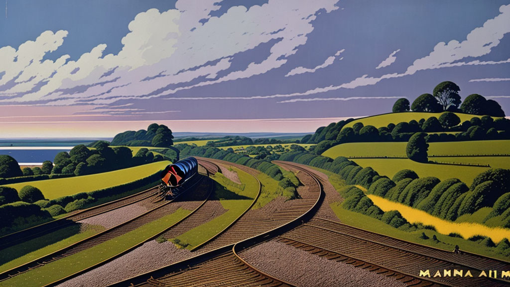 Stylized train on curving tracks in lush countryside