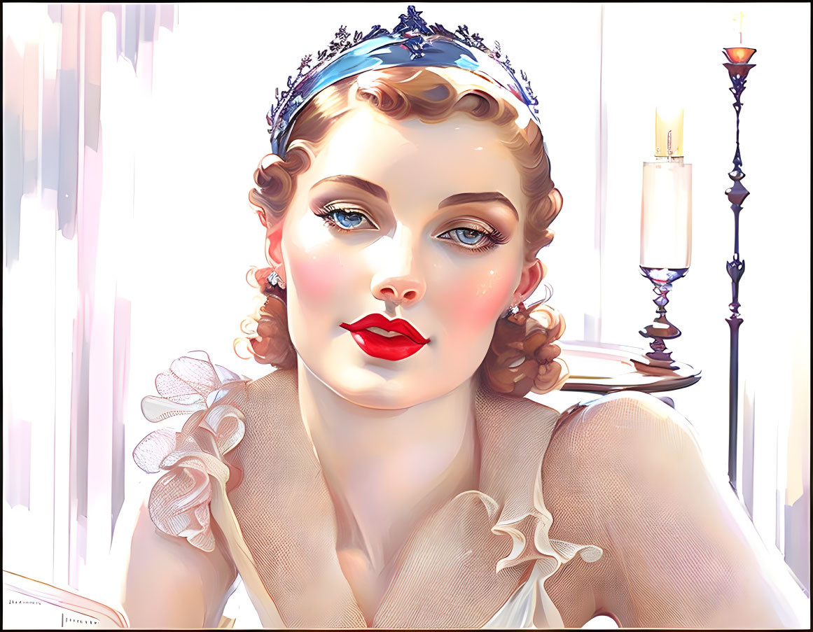 Portrait of woman with tiara, red lipstick, and bow, exuding vintage glamor, candle