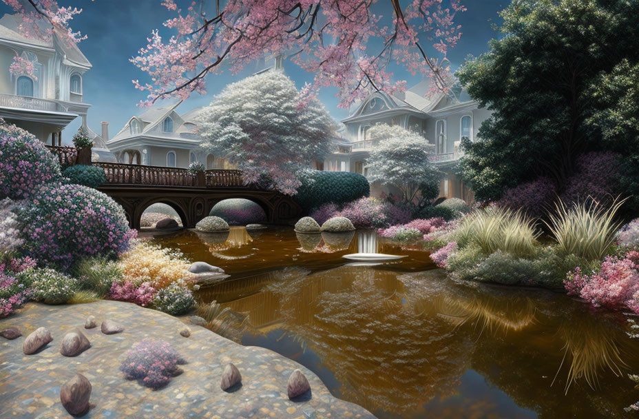 Tranquil garden with pond, stone bridge, cherry blossoms, lush greenery, Victorian houses