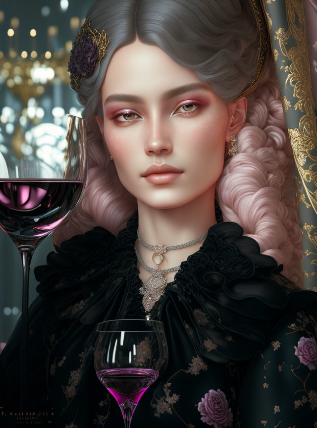 Pale-skinned person in rosy makeup and black ruffled outfit holding a wine glass