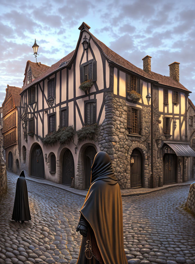 Medieval cobblestone street with timber-framed buildings at dusk