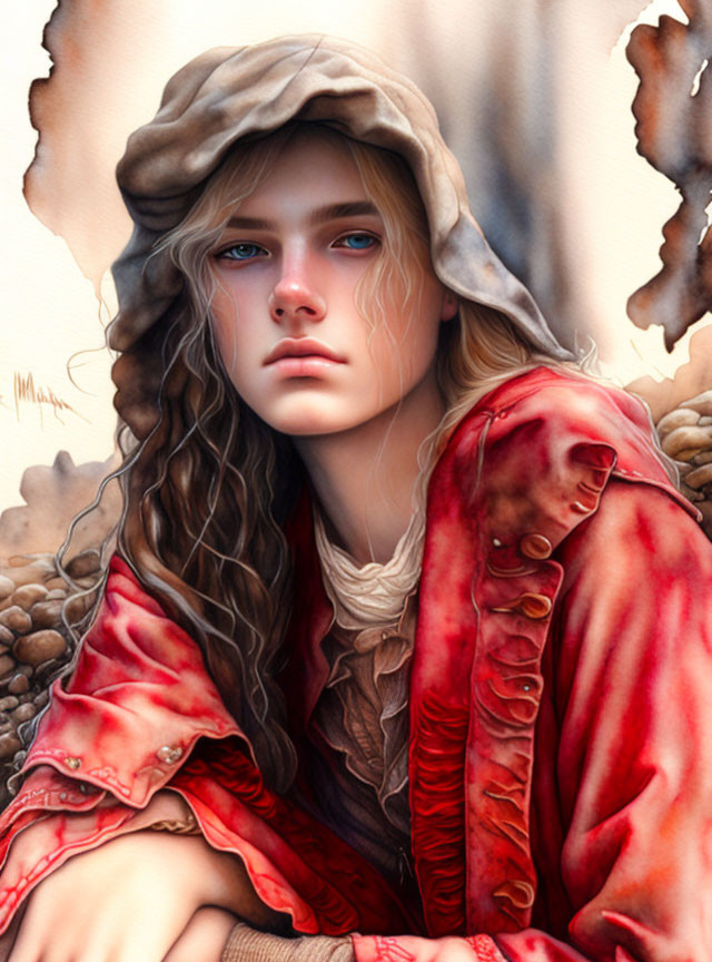 Digital artwork: Young woman with blue eyes, wavy hair, rustic hat, red cloak, cream