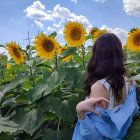 Woman in Blue Floral Dress Admiring Sunny Seascape