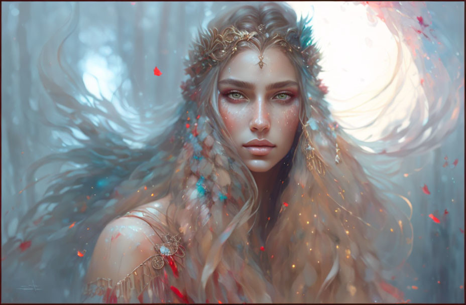 Mystical female figure with intricate headpiece and ethereal glow surrounded by red petals