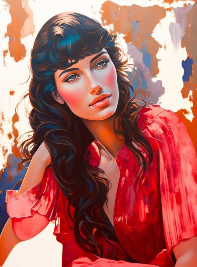 Digital painting of woman with black wavy hair and blue eyes in red blouse on abstract background