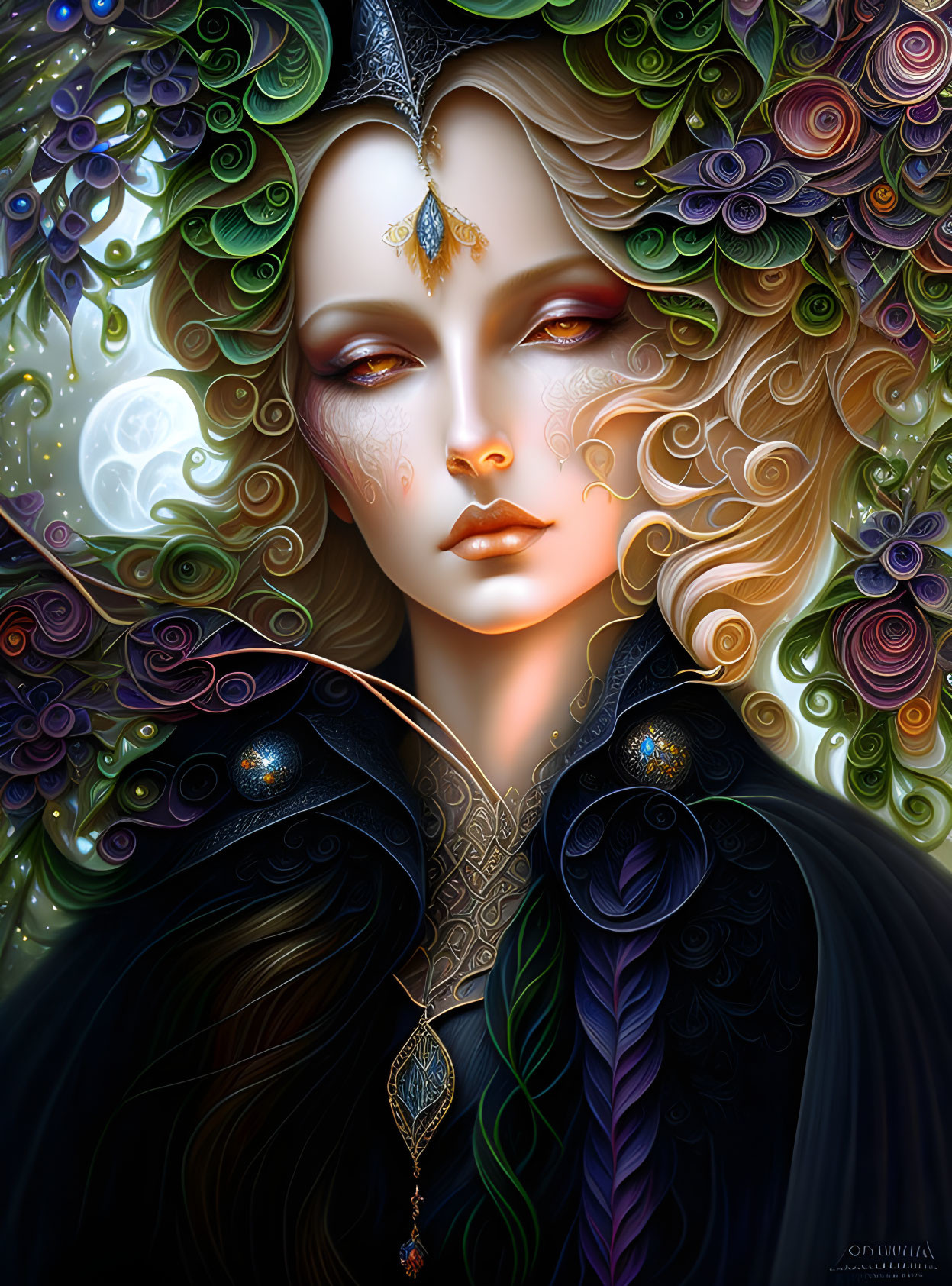 Ethereal figure in colorful flora with moon backdrop