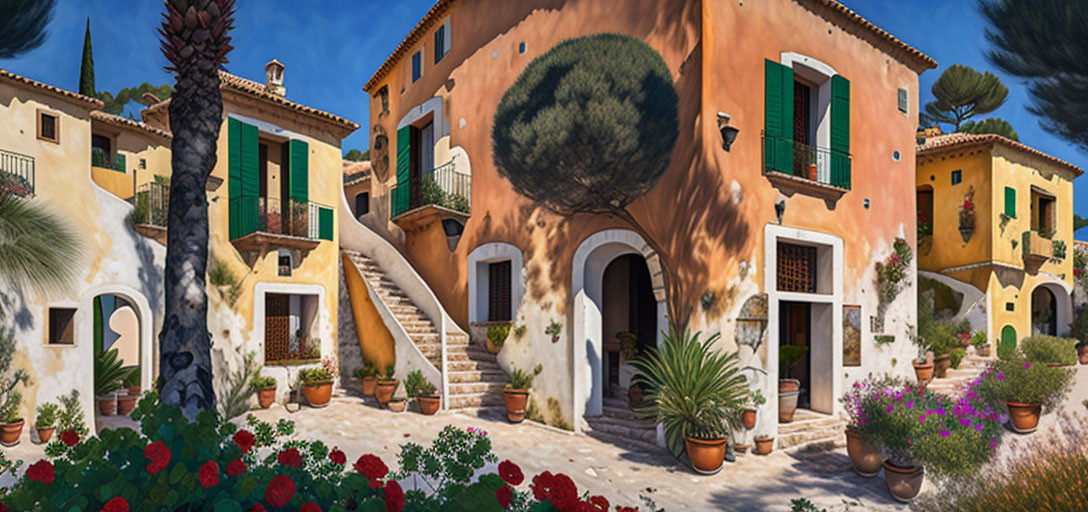 Mediterranean villa with orange walls and terracotta tiles surrounded by lush greenery