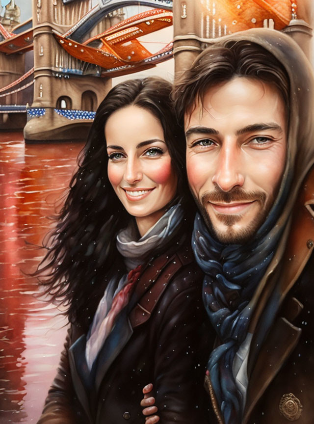 Smiling couple embraces in front of illustrated London-inspired bridge artwork