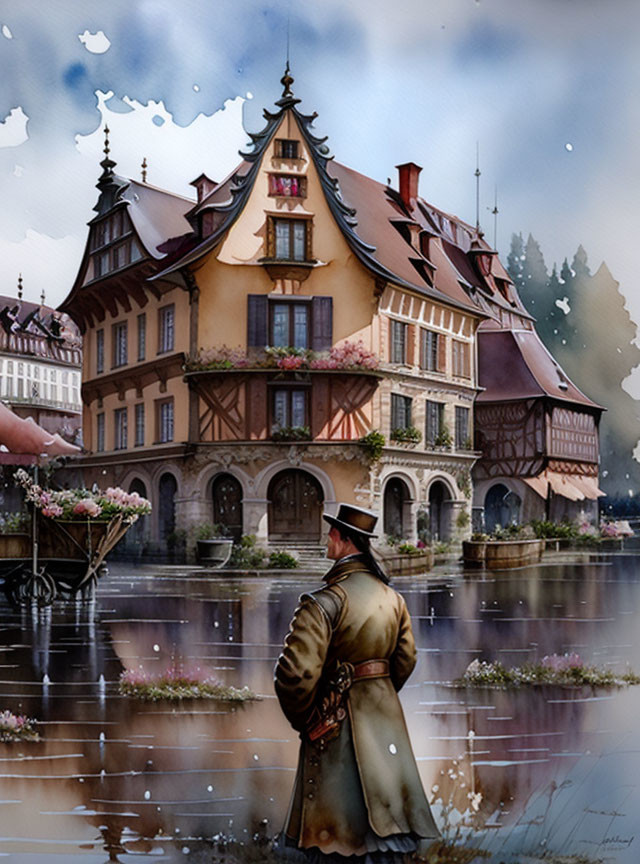 Vintage-dressed person admiring half-timbered house near river with blooming flowers.