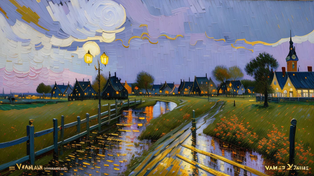 Village by River at Dusk: Van Gogh Style Painting