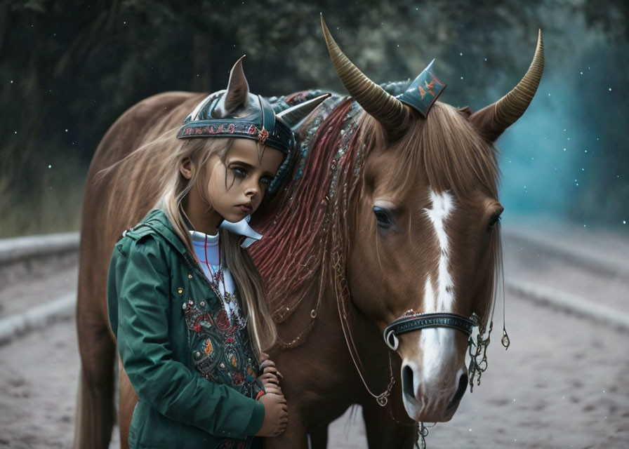 Young girl in ornate attire near brown horse on dusty path with decorative horns, misty trees in