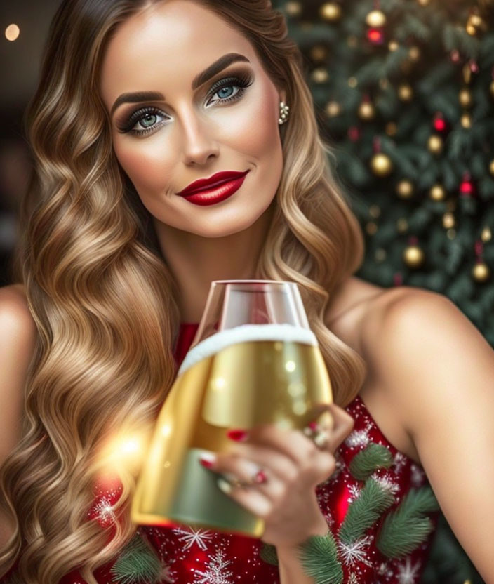 Woman with wavy hair and red lipstick in red dress with champagne glass and holiday decor.