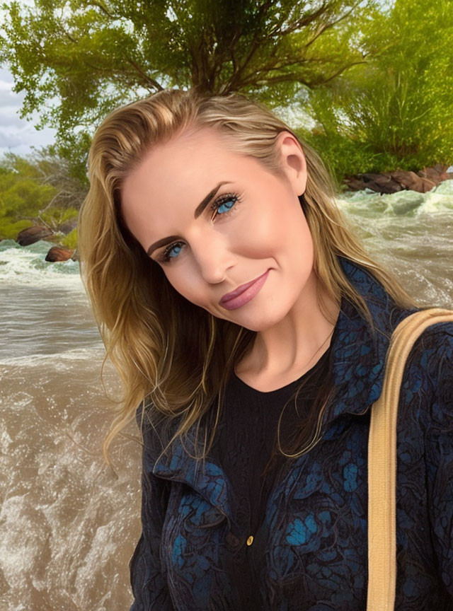 Blonde Woman Smiling by River in Dark Shirt