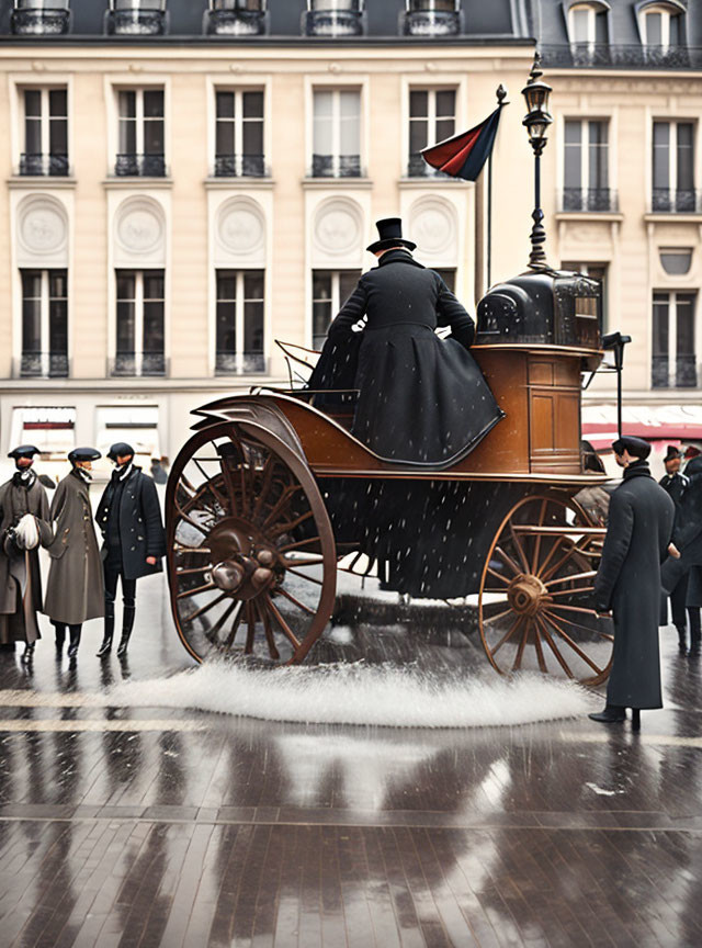 Vintage Horse-Drawn Carriage on Wet Cobblestone Street with People in Period Attire