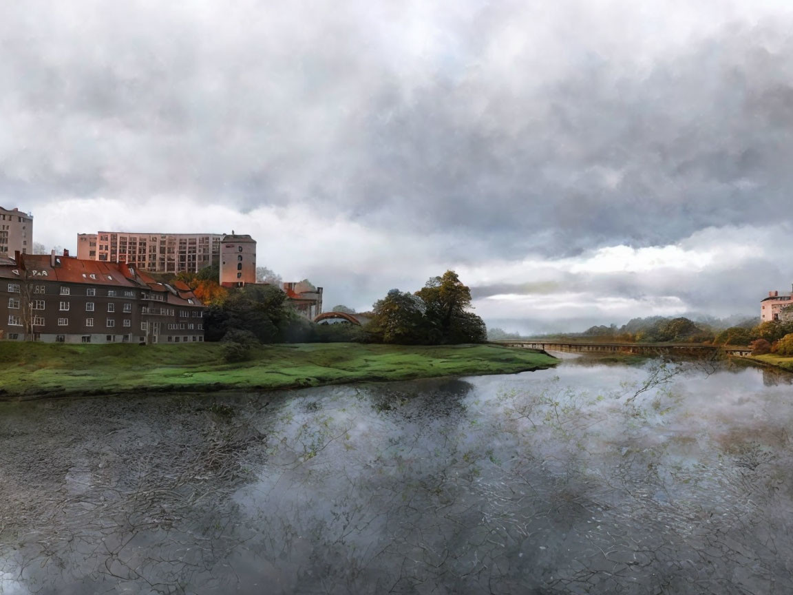 Tranquil river scene with overcast skies, buildings, greenery, and bridge