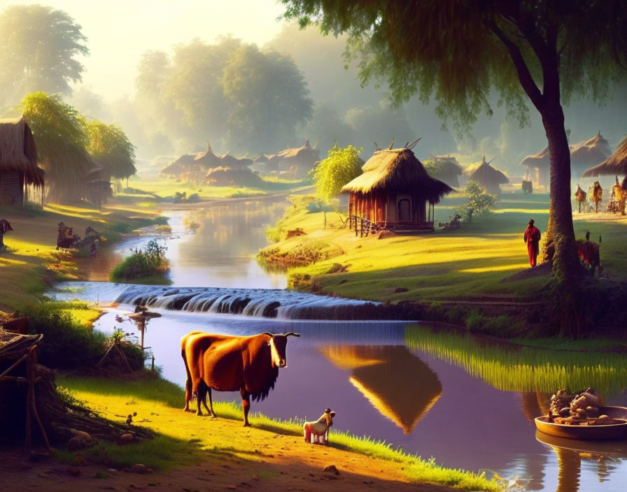 Rural village landscape with river, waterfall, cattle, and people in daily life