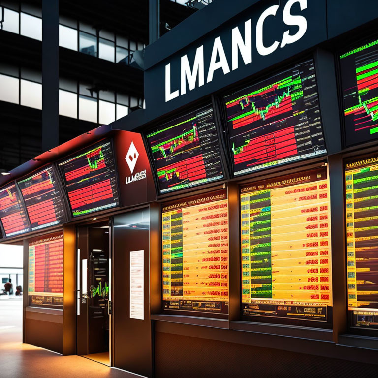 Airport Departure Boards Show Flight Status Updates in Various Colors Under 'LMANCS' Sign