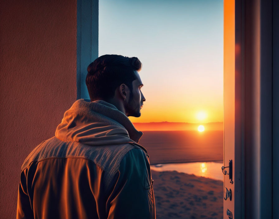 Man looking at ocean sunset through window