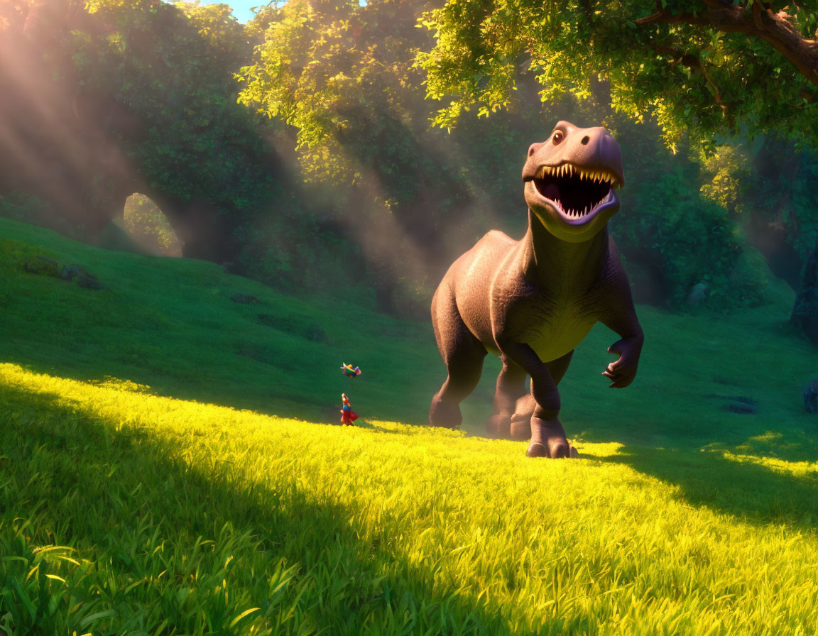 Animated dinosaur smiles at tiny human in sunny forest.