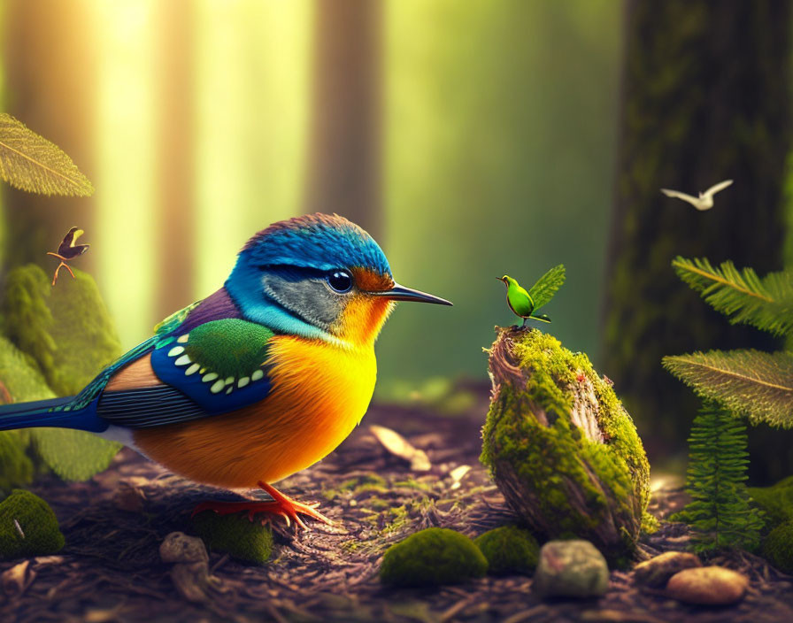 Colorful bird and green insect in forest setting with sunlight rays.