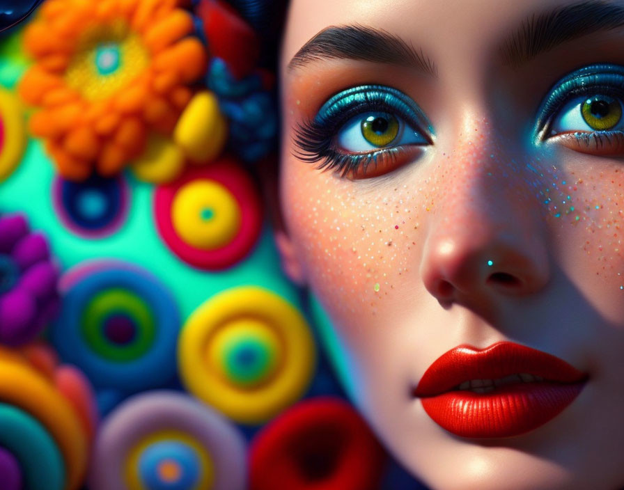 Close-up of woman's face with vibrant makeup and multicolored floral background